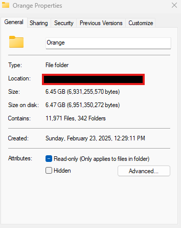 Folder properties for stolen Orange files