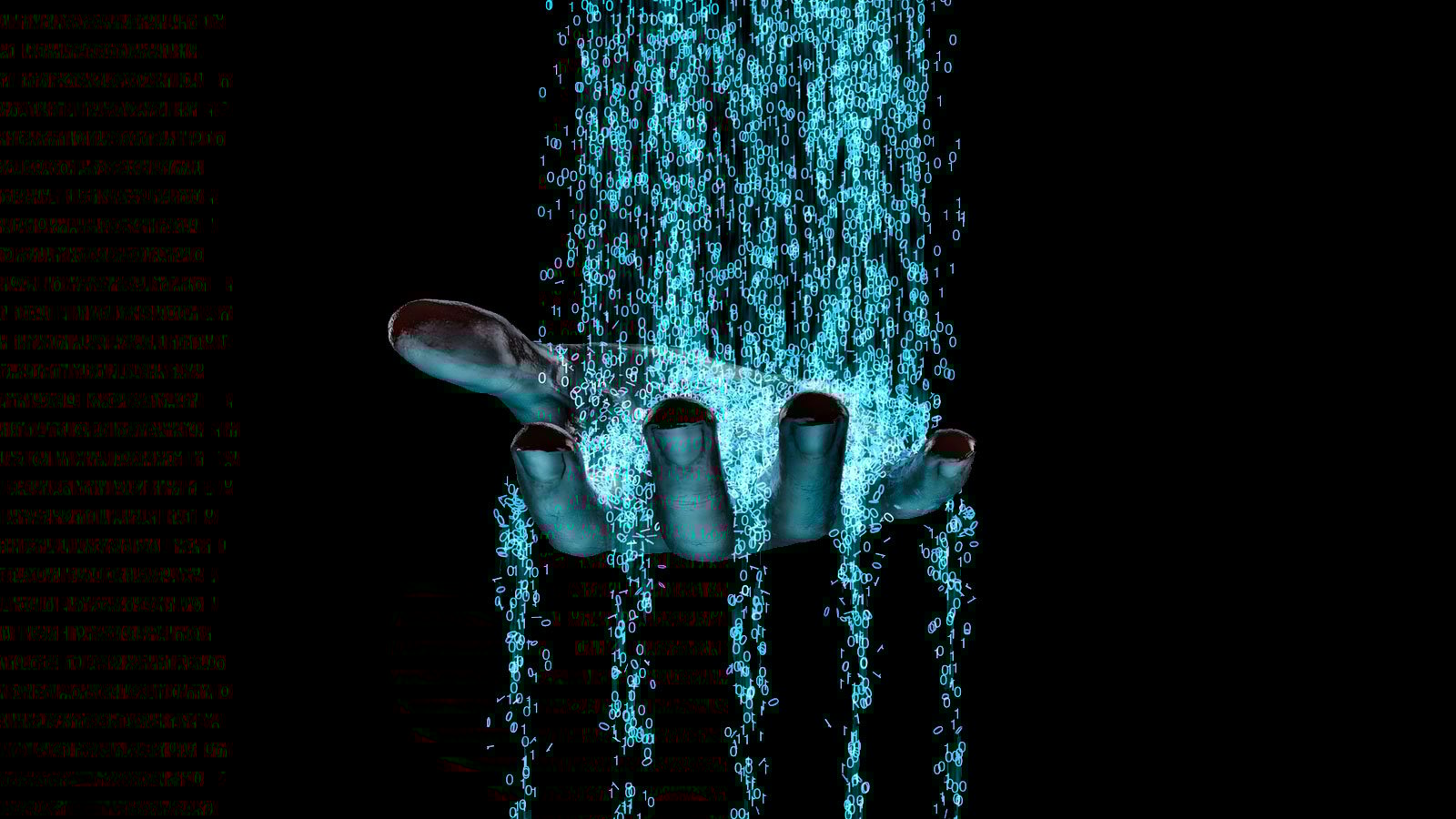 Hand with data streaming through it