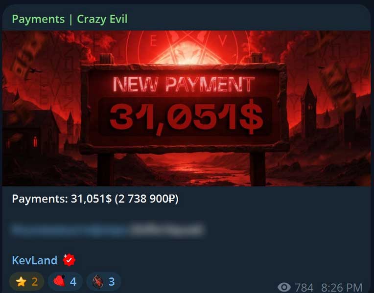 Crazy Evil payment posted to Telegram
