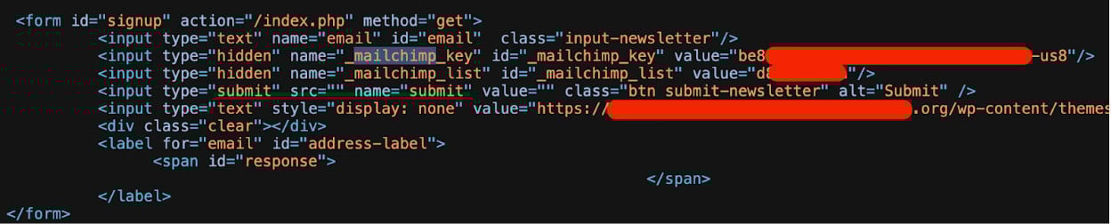 MailChimp API keys leaked in front-end HTML and JavaScript