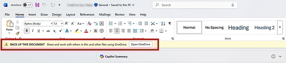 OneDrive backup prompts in Microsoft 365
