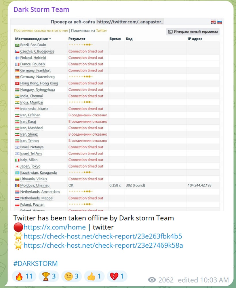 Dark Storm post on Telegram