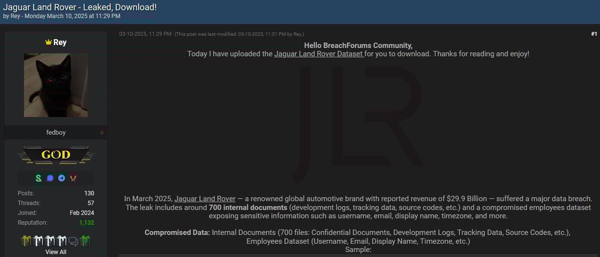 HellCat ransomware leaks JLR data