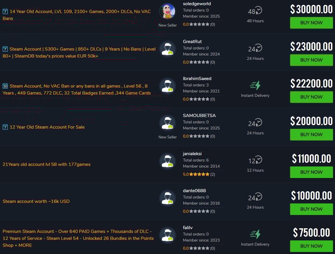 Steam accounts for sale on playerauctions[.]com