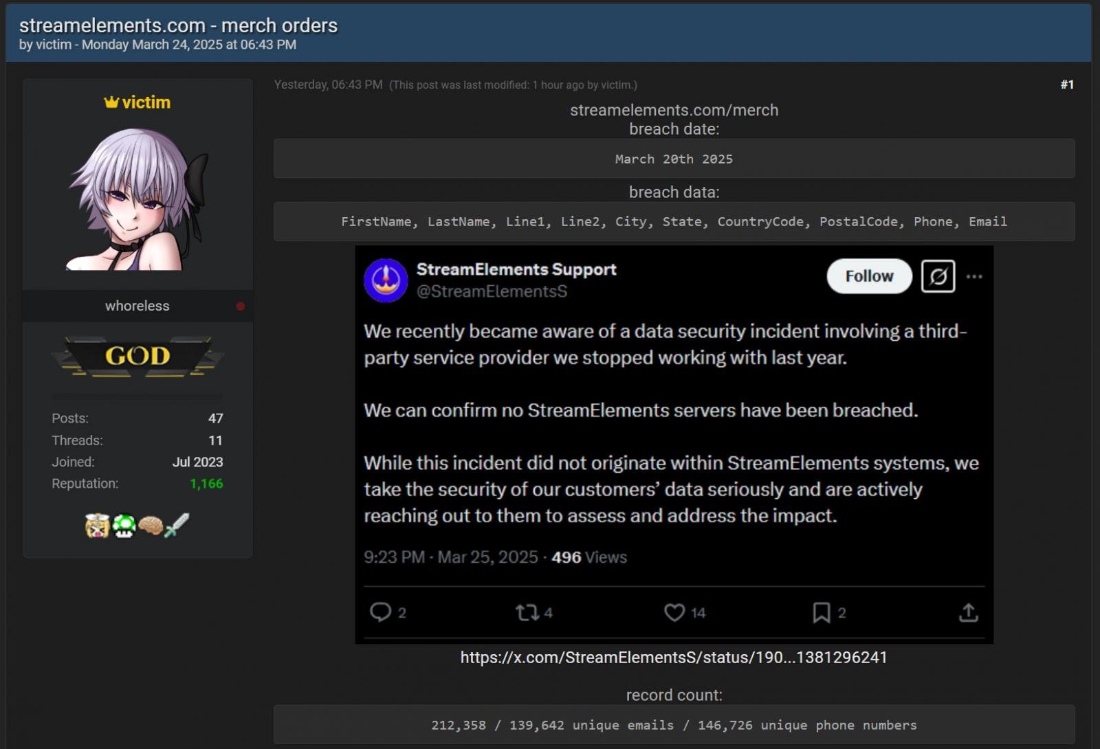 Threat actor's post on BreachForums