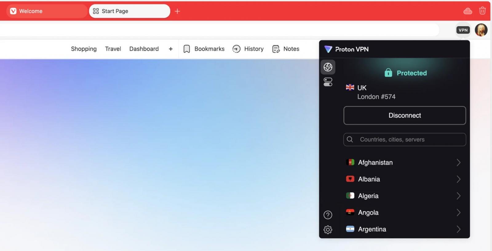 New VPN option on Vivaldi's toolbar