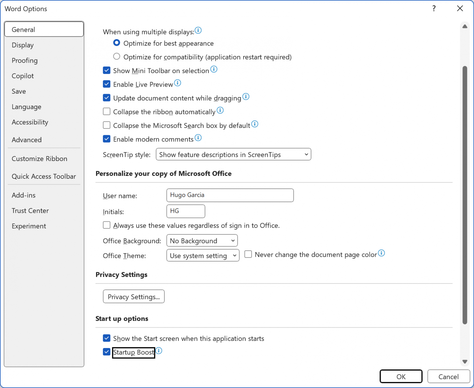 Word 'Startup Boost' options