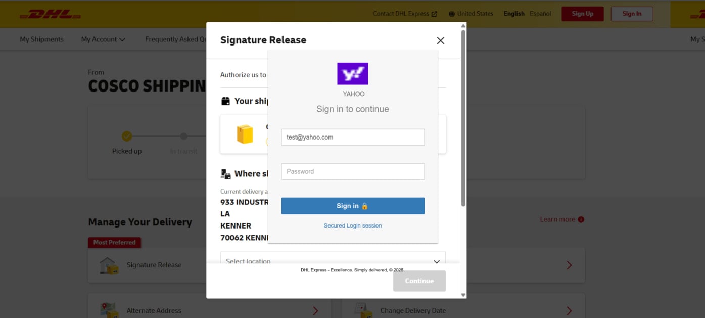 Phishing form overlayed on a fake DHL site
