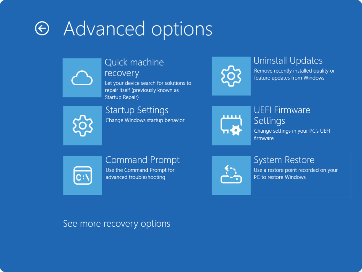 Quick Machine Recovery in the Advanced Startup menu