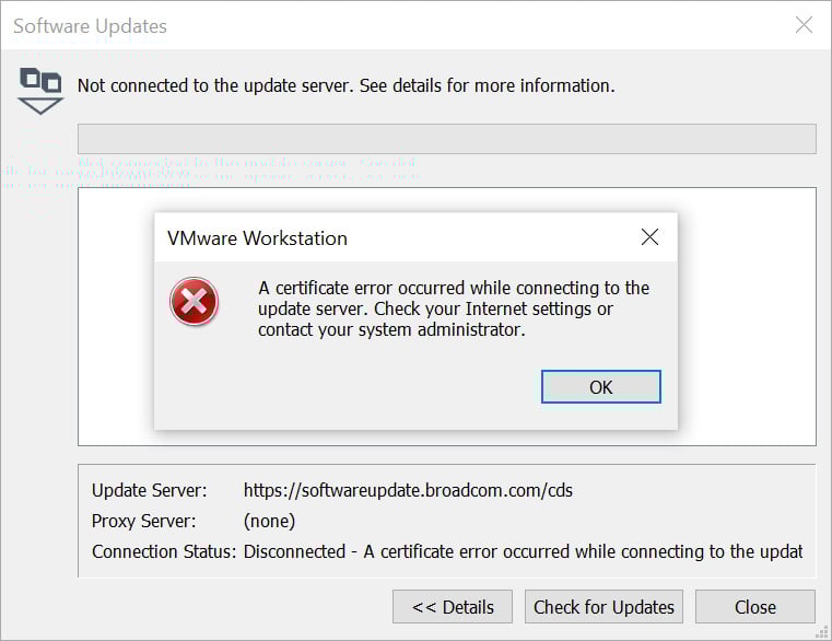 Error when attempting to check for updates