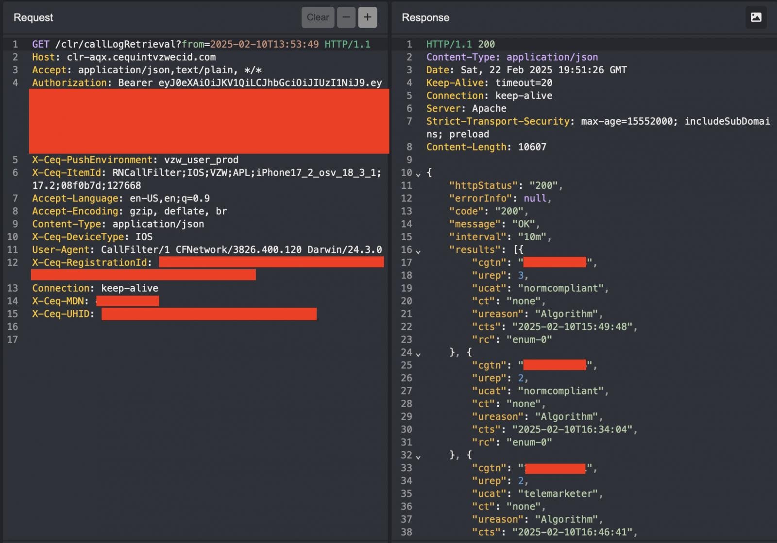 Example request sent to the vulnerable API