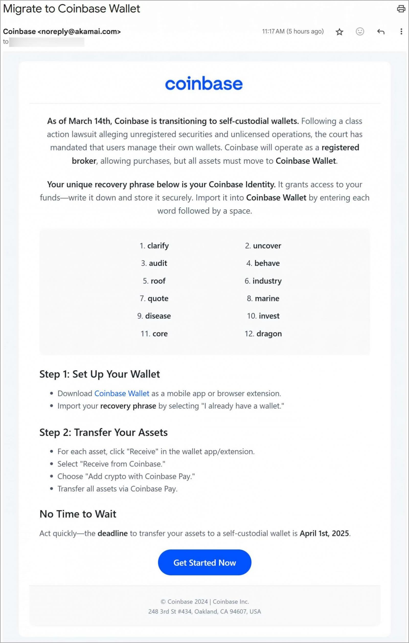 Coinbase-themed email containing seeds for the victim to use