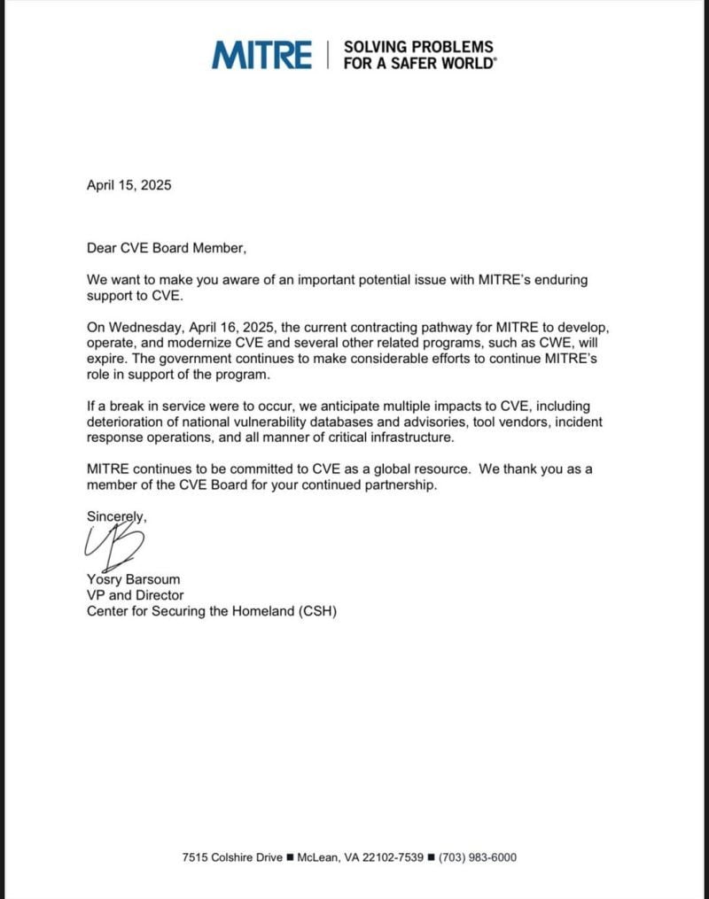 Letter to CVE Board