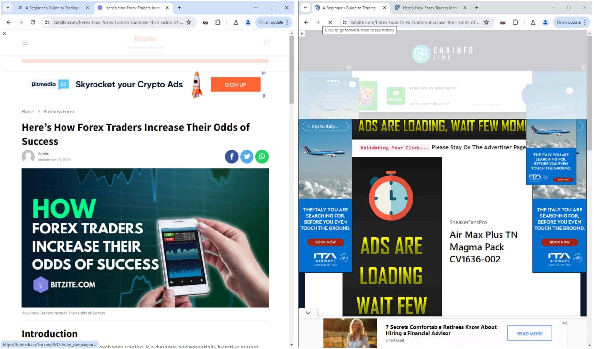 Site visited directly (left) and visited through URL-shortener (right)