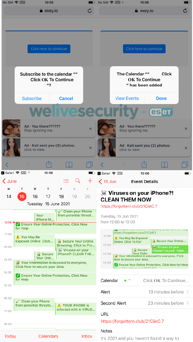 Scam website requesting a user to subscribe to calendar events on iOS (For more, see this ESET research) Scam website iOS