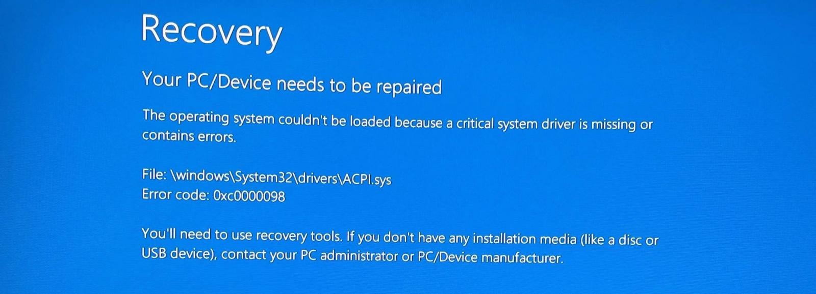 Recovery screen with 0xc0000098 ACPI.sys error