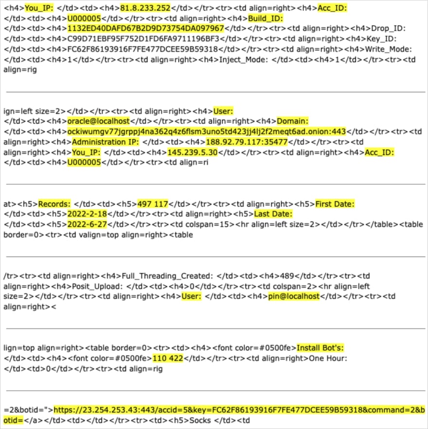 Leaked HTML data on the C2 server responses